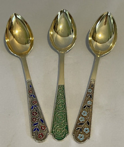 Vintage Set Of 3 Soviet Russian 875 Silver Enameled Teaspoons Spoons Gold Wash