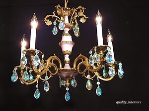 Antique French Empire 5 Light Lavender Aurora Borealis Ab Crystals Chandelier