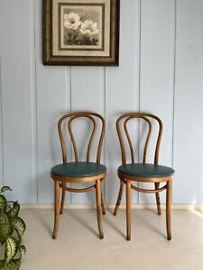 Vintage Pair Of Thonet Bentwood Bistro Cafe Chairs Blue Seat Made In Poland 1970