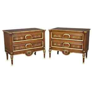 Pair Of Superb Quality French Louis Xvi Style Walnut And Brass Nightstands