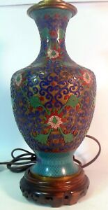 Antique Qing Chinese Champleve Cloisonne Enamel Vase Lamp Lotus Blossoms