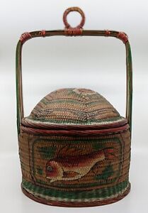 Vintage Asian Woven Rattan Betrothal Wedding Basket Hand Painted Fish Large