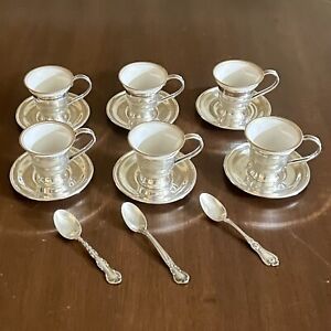 6 Antique Sterling Silver Lenox China Demitasse Cups Saucers 3 Sterling Spoons