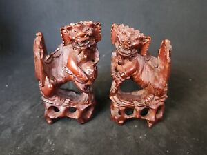 Antique Chinese Hand Carved Exotic Rose Wood Foo Dog Fine Details Set Of Two