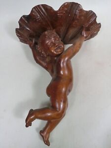 Xl 16 5 Antique Carved Wood Putti Cherub With Shell Rococo Shelf French Style