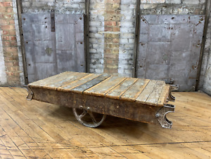 Antique Industrial Wooden Factory Cart Furniture Coffeetable Railroad Cart
