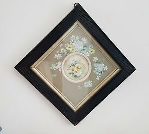 Antique Victorian Edwardian Floral Hand Painted Print Picture Framed And Glazed