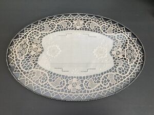 Antique Lace Vanity Tray Encased Glass Oval Victorian French Boudoir