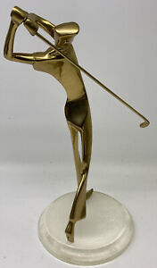 Vintage Mid Century Art Deco Brass Sculpture Golfer Lucite Acrylic Base Golfing