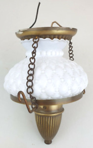 Small Brass Electric Oil Lamp Style Hanging Light W Pillow Milk Glass Shade 10 