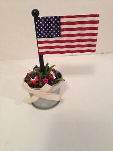 Patriotic Vtg Button Bokay Flag In Bucket Usa July 4 Americana Home Decor