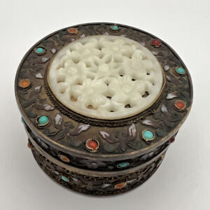 Antique Oriental Jeweled Enameled Gilt Trinket Box W Carved Jade