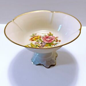 Antique Limoges Porcelain Compote With Pedestal Candy Dish Floral Gold Trim