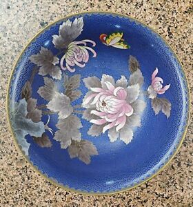 Blue Cloisonne Jingfa Bowl Chrysanthemums Butterfly People S Republic Of China