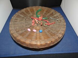 Antique Asian Early 20th Century Round Woven Wicker Sewing Basket With Contents