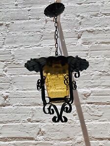 Antique Wrought Iron Lantern Yellow Glass Shade Spanish Colonial Revival Light