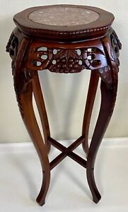 Chinese Carved Hardwood Marble Top Tall Stand Table 36 