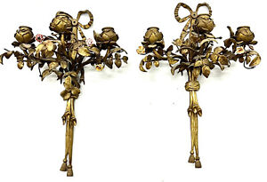 Pair Antique French Gilt Bronze Three Candle Wall Sconces Exceptional Detailing