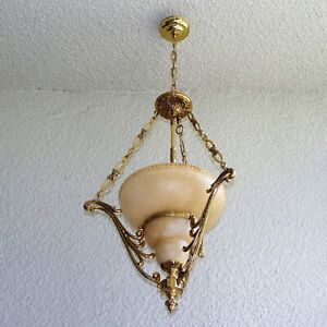 Spain Carved Alabaster Pendant Light Fixture With Bronze Cast Wrought Hardware