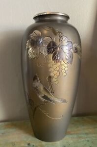 Japanese Mixed Metal Antique Vase Birds Leaves Grapes Brass Vintage One Owner 