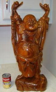 Standing Happy Buddha 25 Carved Wooden Statue Wealth Prosperity Balls