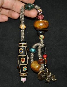 Collect Rare Authentic Old Tibet Tibetan Agate Dzi Inlay Gem Pray Beads Antiques