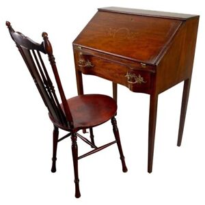 Antique English Edwardian Mahogany Inlaid Secretary Slant Front Desk Chair