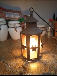 Antique Copper Hanging Light Amber Glass Arts Crafts Hand Made