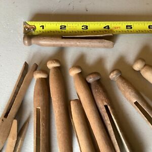 Vintage Wooden Clothespins Lot 10 Pegs Round Wood Old American Patina Crafts 2