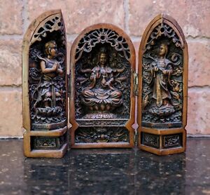 Vintage Chinese Temple Moulded Resin 3 Panel Portable Folding Shrine