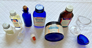 Lot 9 Vintage Antique Bottles Eye Cups Dropper Cobalt Blue Pills Quack Medicine