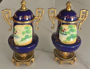 Vtg Made In Japan Porcelain Pair Of Urn Vases Cobalt Blue Gold Hand Painted 8 