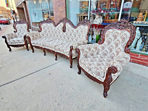 Kimball Super Ornate Hand Carved Mahogany Parlor Set Sofa Arm Chairs Karpen
