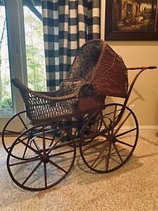 Circa 1890 Victorian Wicker Pram Baby Carriage Hand Tufted Tapestry 