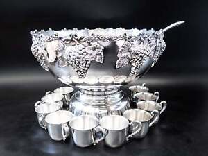 Xl Silver Plate Punch Bowl Set Beverage Chiller With 12 Cups