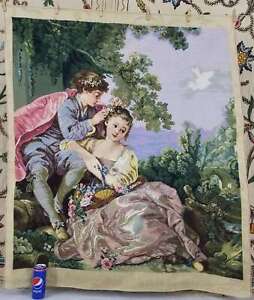 Antique French Petit Point Girls Scene Wall Hanging Tapestry 130x110cm