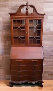 Vintage 7 Ft Cherry Wood Clawfoot Secretary Cabinet Desk Chippendale Style