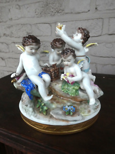 Antique German Volkstedt Marked Porcelain Putti Cherub Figurine Bir Group Statue