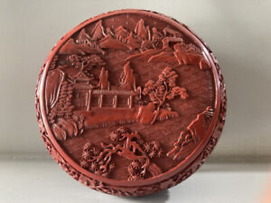 Chinese Lacquerware Hand Carved Exquisite Landscape Figure Box 14965