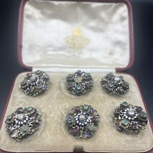 Victorian Hungarian Enamel Button Set Silver Pearl Ruby Original Box
