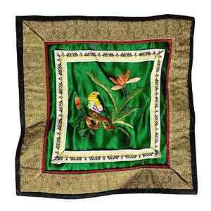 Vintage Chinese Embroidered Silk Tapestry Square Green Gold Bird Orchid Quilt