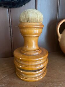 Antique Sewing Pin Cushion Wood Maple Clamp Pincushion Old Nice