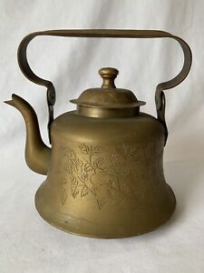 Antique Brass Bronze Kettle Teapot Etched Floral Design 19th Century China