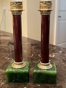 Pair Of Russian Silver 88 Enamel Nephrite Base Candle Sticks Gilded