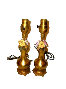 1920s French Bronze Brass Boudoir Lamps Porcelain Flowers In Vase Antique Pair