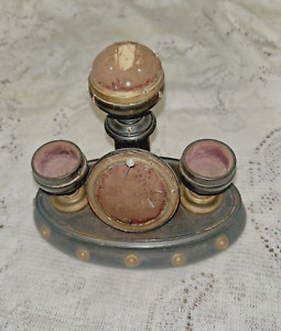 Antique Victorian Edwardian Thread Spool Holders With Pin Cushions Wood Brass