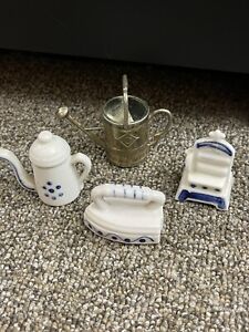 Vintage Porcelain And Brass Trinkets Washer Iron Watering Cans Great Condition