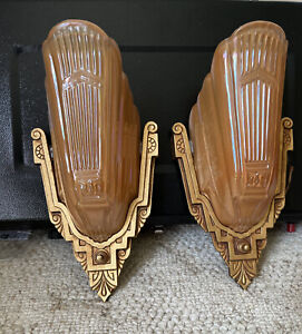 Pair Of Antique Electric Wall Sconces Cast Iron W Glass Slip Covers Art Deco