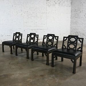 4 Hollywood Regency Chinese Chippendale Style Black Accent Chairs By Thomasville