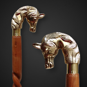 Horse Head Handle Brass Vintage Victorian Wooden Walking Stick Cane Gift For Men